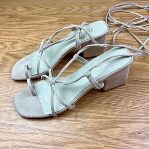 Like New RAYE x Revolve Ankle Tie Block Heel Cream Suede Strappy Sandals size 7